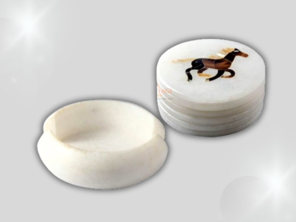 Round Marble Coaster Set Horse Inlay Floral Home Decor Gifts